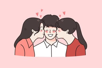 Overjoyed young man kissed by beautiful women in cheeks. Girls show love and affection to happy guy. Relationship triangle concept. Ladies flirt with successful businessman. Vector illustration. . Girls kiss overjoyed young man in cheeks