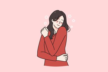 Happy young Caucasian woman hug herself feel secure and self-confident. Smiling millennial girl feel body positive enjoy optimistic leisure or weekend. Positivity concept. Flat vector illustration. . Happy woman hug herself feeling secure 