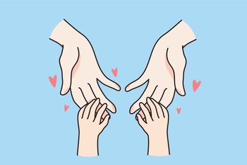Close up of loving mother hold hands of small kid child show care and support. Little baby son or daughter united with mom feel grateful. Family bond and unity. Motherhood. Vector illustration. . Small kid hold mom hands show love and care 