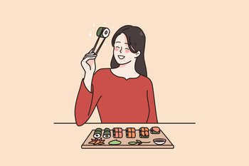 Smiling young woman in modern Japanese restaurant eating sushi with chopsticks. Happy millennial girl enjoy delicious japan food in cafe. International traditional cuisine. Vector illustration. . Smiling woman eating sushi in Japanese restaurant 