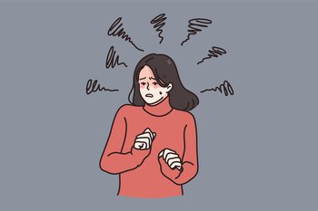 Anxious unhappy woman feel scared depressed suffer from mental psychological disorder. Upset worried female struggle with depression or anxiety panic attack. Healthcare concept. Vector illustration. . Anxious woman feel scared suffer from panic attack 