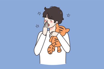Tired small boy child with toy yawn feel fatigue want sleep. Exhausted small teen kid with teddy bear ready for bed in evening. Drowsiness and exhaustion. Childcare concept. Flat vector illustration. . Tired boy yawn feel fatigue in evening 
