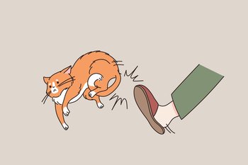 Person kick poor cat with leg, throw pet out of house. Cruel angry man beat kitty abuse domestic animal. Aggressive kitten owner show aggressive behavior. Cruelty concept. Flat vector illustration. . Aggressive cat owner kick out pet from home 