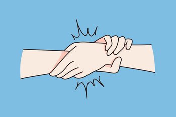 Close up of people hold join hands show strong bond and unity. Persons demonstrate support and help. Friendship and partnership. Togetherness concept. Flat vector illustration, cartoon character. . People hold join hands show bond 