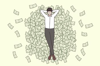 Happy young businessman lying on money pile feel overjoyed with financial success and stability. Smiling man employee on stack with banknotes get dividend from investment. Flat vector illustration. . Happy businessman lying on money pile 