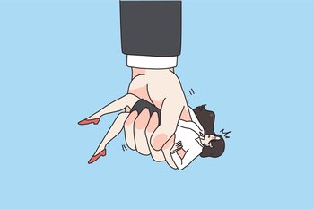 Huge man hand hold scared woman in clenched fist show domination and pressure. Businessman control female employee. Domestic violence and abuse. Job discrimination and bullying. Vector illustration. . Huge man hand hold woman in clenched fist 