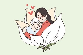 Young woman hug cuddle old mother show love and care. Happy millennial girl embrace comfort mature elderly grandmother. Geriatrics, good maturity concept. Flat vector illustration. . Young woman hug comfort mature grandmother 
