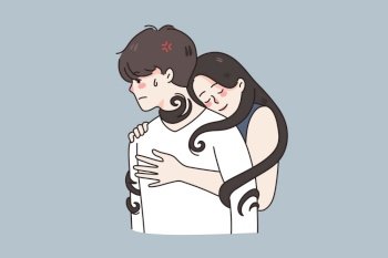 Young woman hug man tied to boyfriend in relationship. Girl embrace guy in codependent unhealthy couple relations. Psychology problem, codependency concept. Flat vector illustration. . Woman hug man in codependent relationship 
