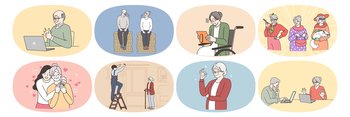 Old grey-haired grandparents enjoy happy good maturity in retirement house. Life of senior people. Saving for pension and communicating with relatives online. Elderly concept. Vector illustration.. Elderly people maturity life in retirement house