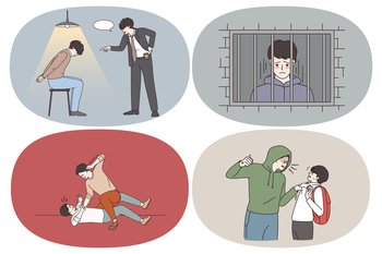 Attack crime and punishment concept. Set of criminals thieves robbers attacking people getting arrested in jail abusing people victims hitting them back trying to self defend vector illustration. Attack crime and punishment concept