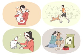 Enjoying company of pet concept. Set of girls and boys pet owners hugging feeding dog examining cat like doctor playing and enjoying time with pets walking in park together vector illustration. Enjoying company of pet concept