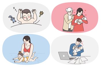 Parenthood and happy childhood concept. Set of babies toddlers infants sleeping swimming in sea eating milk and communicating with parents vector illustration. Parenthood and happy childhood concept