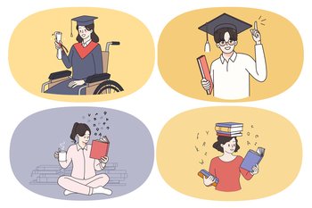 Education reading and knowledge concept. Set of young smiling people students holding diploma with honors graduating from university reading books getting knowledge vector illustration. Education reading and knowledge concept.