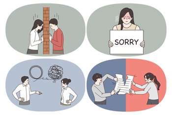 Relation and communication problems concept. Set of young couples having misunderstanding feeling lonely sorry trying to solve problem and cutting paper in rage vector illustration. Relation and communication problems concept.