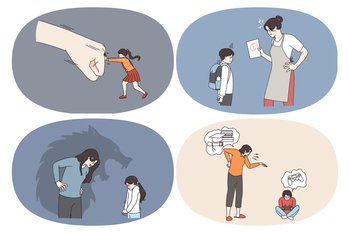 Home abuse and harassment concept. Set of afraid scared children kids feeling stressed of parents fight and punishment trying to reject power and pressure at home vector illustration. Home abuse and harassment concept.