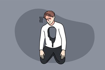 Unhappy man with hole in body feel depressed and broken. Sad upset guy feel stressed have mental or psychological problems. Depression and anxiety concept. Vector illustration. . Unhappy man with hole in body have depression 