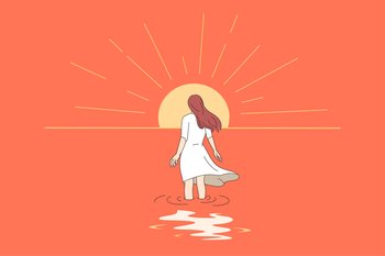 Back view of woman walking towards sun. Concept of self-development and inner growth. Female involved in cognitive therapy and self-discovery. Counseling and psychology. Vector illustration. . Woman in process of self-development and discovery 