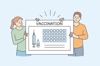 Vaccination calendar and healthcare during pandemic concept. Young people girl and boy standing near huge board with syringe and vaccination lettering vector illustration . Vaccination calendar and healthcare during pandemic concept
