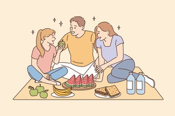 Having picnic and leisure time with family concept. Smiling happy family father mother daughter sitting together eating fruits having picnic vector illustration . Having picnic and leisure time with family concept