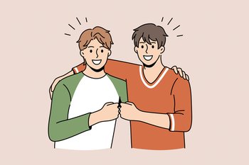 Friendship and positive emotions concept. Two young smiling happy men friends standing pulling fists together as symbol of unity and friendship vector illustration . Friendship and positive emotions concept.
