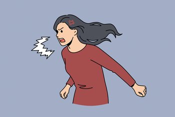 Feeling angry and aggressive concept. Young angry rage furious woman cartoon character standing shouting screaming feeling aggression vector illustration . Feeling angry and aggressive concept