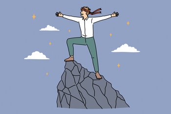 Business success, development and achievement concept. Young smiling businessman cartoon character standing on top of mountain feeling confident freedom vector illustration . Business success, development and achievement concept