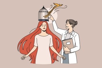 Psychological help and mental health concept. Young smiling woman doctor psychologist standing releasing woman patients head brain from cage vector illustration . Psychological help and mental health concept