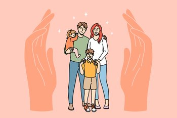 Family protection and care concept. Happy smiling family father mother and children standing with human hands protecting them on sides vector illustration. Family protection and care concept.