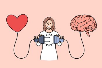 Love and positive emotions concept. Young smiling woman cartoon character standing connecting charging red heart and brain vector illustration. Love and positive emotions concept.
