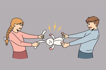 Fighting for toy and conflict concept. Two children boy and girl standing fighting for rabbit toy with each other vector illustration. Fighting for toy and conflict concept.