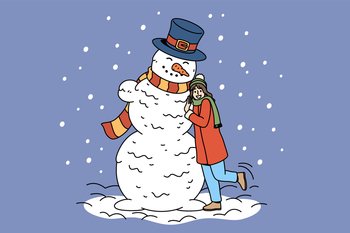 Winter active lifestyle having fun concept. Happy young woman cartoon character standing posing hugging huge snowman having fun vector illustration. Winter active lifestyle having fun concept.