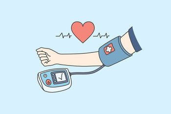 Measuring blood pressure and healthcare concept. Human hand wearing tonometer examining checking blood pressure and heartbeat vector illustration . Measuring blood pressure and healthcare concept