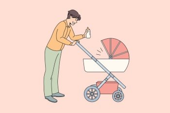 Happy fatherhood and parenthood concept. Young smiling man father walking with his baby in stroller holding milk in bottle in hands vector illustration . Happy fatherhood and parenthood concept