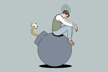 Business danger and crisis concept. Young stressed unhappy businessman sitting on bomb feeling unsafe and despair vector illustration . Business danger and crisis concept