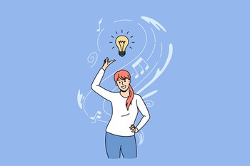 Smiling woman think brainstorm over creative idea or plan. Happy girl generate thoughts, engaged in finding solution. Creativity and innovation, problem solved concept. Flat vector illustration.. Smiling woman engaged in creative thinking finding solution 