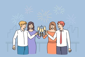 Overjoyed diverse young people hold glasses drink champagne cheers celebrate New Year together with fireworks. Happy friends enjoy party or celebration. Merry Christmas concept. Vector illustration. . Happy diverse people celebrate cheers glasses together 