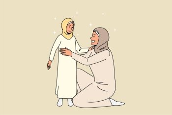 Caring moslem mother in traditional clothes hug cuddle small Islamic kid show love and support. Happy muslim mom embrace little Islam child. Culture, religion concept. Vector illustration. . Caring muslim mother embrace small Islamic child 