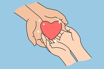 People hold heart in hands show love and care in relations. Human kindness and support. Volunteer demonstrate mercy and goodness. Charity, affection concept. Flat vector illustration.. People hold heart show love and kindness