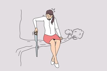 Unhappy young businesswoman sit on tree cut branch she sitting on. Distressed female employee involved in risky business project, feel trapped with idea. Work stress concept. Vector illustration. . Unhappy female employee cut tree branch 