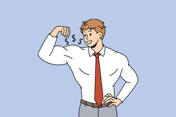 Leadership authority and strength concept. Young smiling businessman in white shirt standing and showing strong biceps meaning business success and financial profit vector illustration . Leadership authority and strength concept