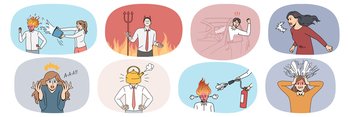 Collection of furious people yell feel distressed in life situations. Set of angry men and women scream and shout show rage and fury. Uncontrollable emotions concept. Vector illustration. . Collection of furious people scream and yell 