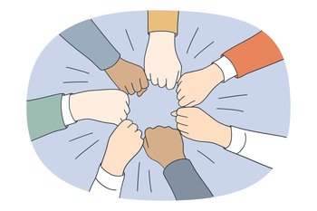 Collaboration teamwork and unity concept. Top view of diverse multi racial group of people pulling fists together in circle meaning togetherness and tolerance vector illustration . Collaboration teamwork and unity concept