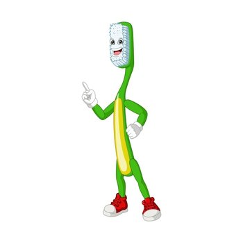 Cartoon happy toothbrush mascot pointing up