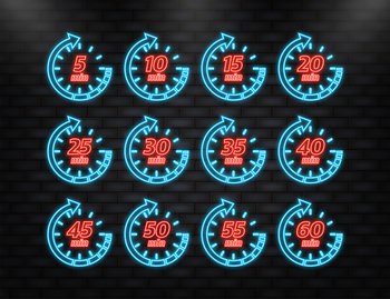 Neon Icon. 10, 15, 20, 25, 30, 35, 40, 45, 50 min, great design for any purposes. Vector logo.. Neon Icon. 10, 15, 20, 25, 30, 35, 40, 45, 50 min, great design for any purposes. Vector logo