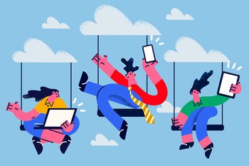 Diverse businesspeople on swing with gadgets work distant on cloud computing for company. Employees or colleagues engaged in remote online job on devices. Technology concept. Vector illustration. . Diverse employees work on gadgets with cloud computing 