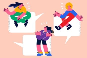 Happy diverse people in speech bubbles have fun communicate online on social media. Smiling international friends text message involved in communication on internet together. Vector illustration. . Smiling people involved in online communication together 