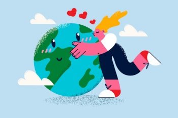 Smiling girl hug kiss planet earth show care and love to environment and nature. Happy young woman embrace globe think of ecological and environment safety. Green activist. Vector illustration. . Woman hug kiss planet earth take care of environment 