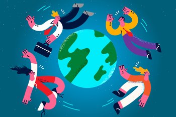 Diverse people flying around earth show multicultural international work environment. Multiethnic businesspeople demonstrate unity and teamwork. Global business concept. Vector illustration. . Diverse people around globe show teamwork