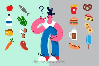 Pensive man make decision among healthy and unhealthy food. Thoughtful guy decide about dietary and junk products. Diet and wellness. Nutrition. Good habit concept. Vector illustration. . Pensive man decide among healthy and unhealthy food