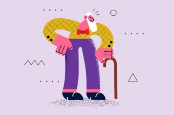 Joyful old grey-haired man with walking cane feel optimistic and satisfied with life. Smiling senior grandfather hold stick have healthy happy maturity. Geriatrics, retirement. Vector illustration. . Smiling mature grandfather with walking cane feel optimistic 